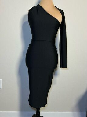 Black One-Shoulder Midi Dress with Long Sleeve